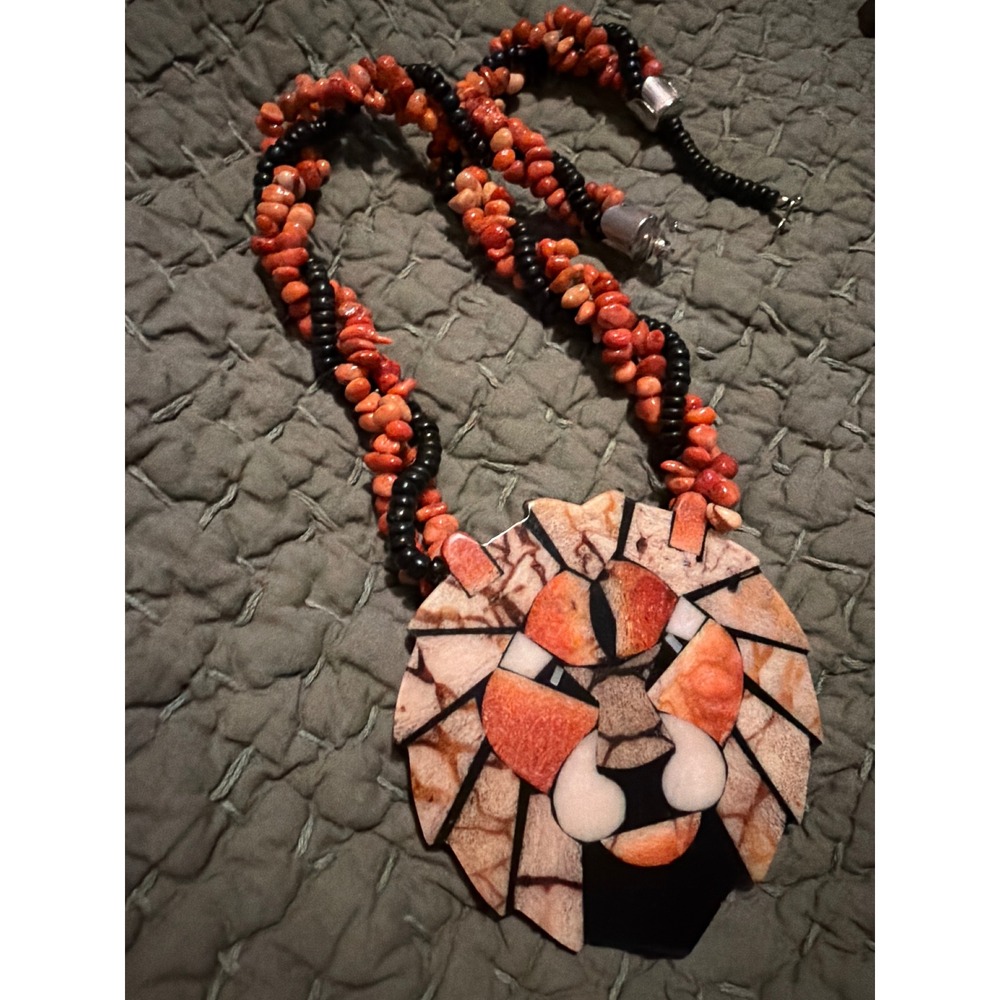 Vintage 1970s Lion Mosaic Inlay Statement Necklace Orange Black Beaded Strands